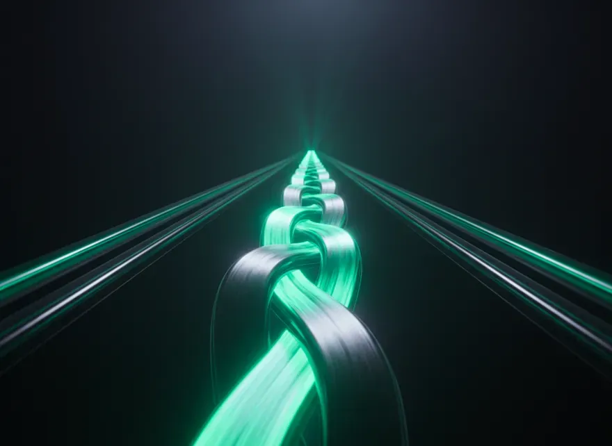 Two curved paths rise, meet, and continue upward as a single lit channel.