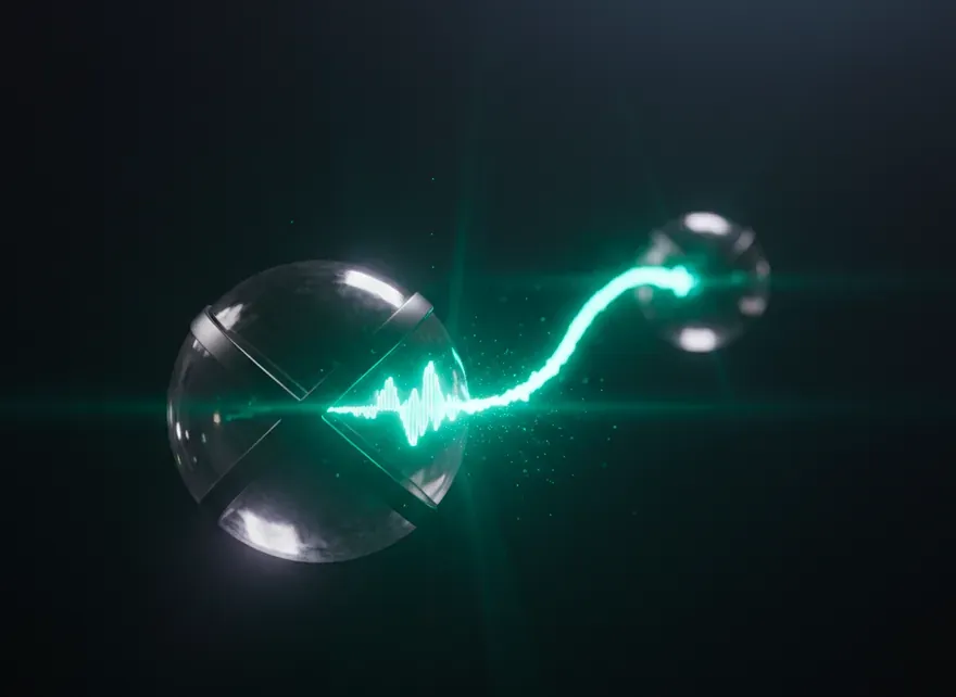 Two points of light in the dark, one near and one distant, joined by a bright filament with a pulse travelling along it.