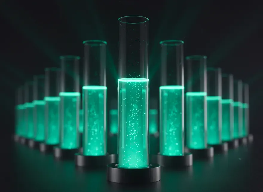A row of measured vessels standing on a marked scale, each one filled a little higher than the last.
