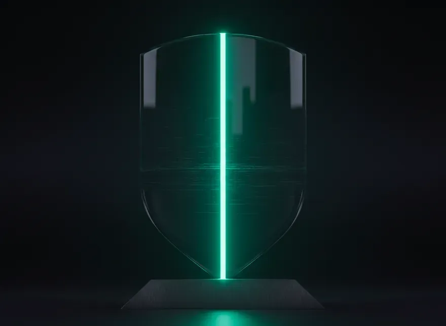 A faceted shield built from fine horizontal strata, with one unbroken lit line running from its top point to its base.