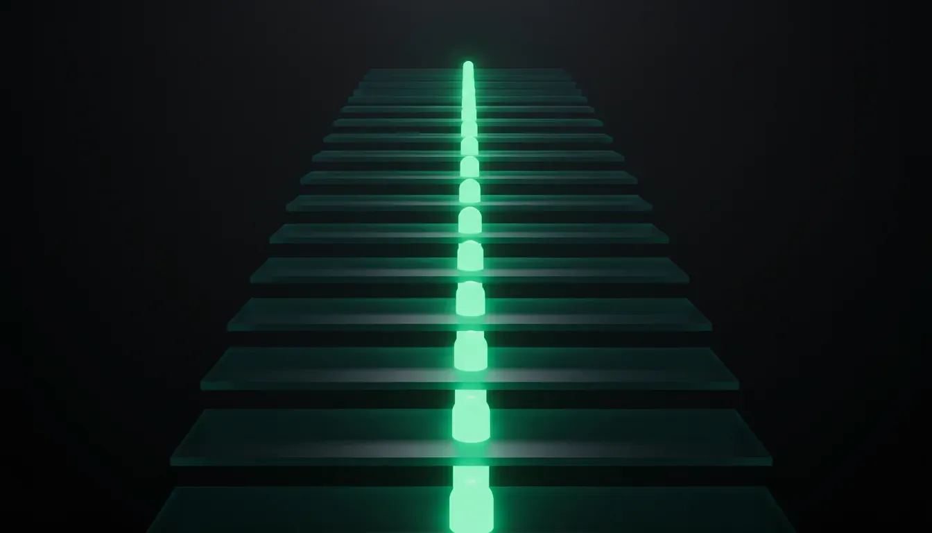 Stacked translucent layers receding into the distance, with one lit thread running through every layer.